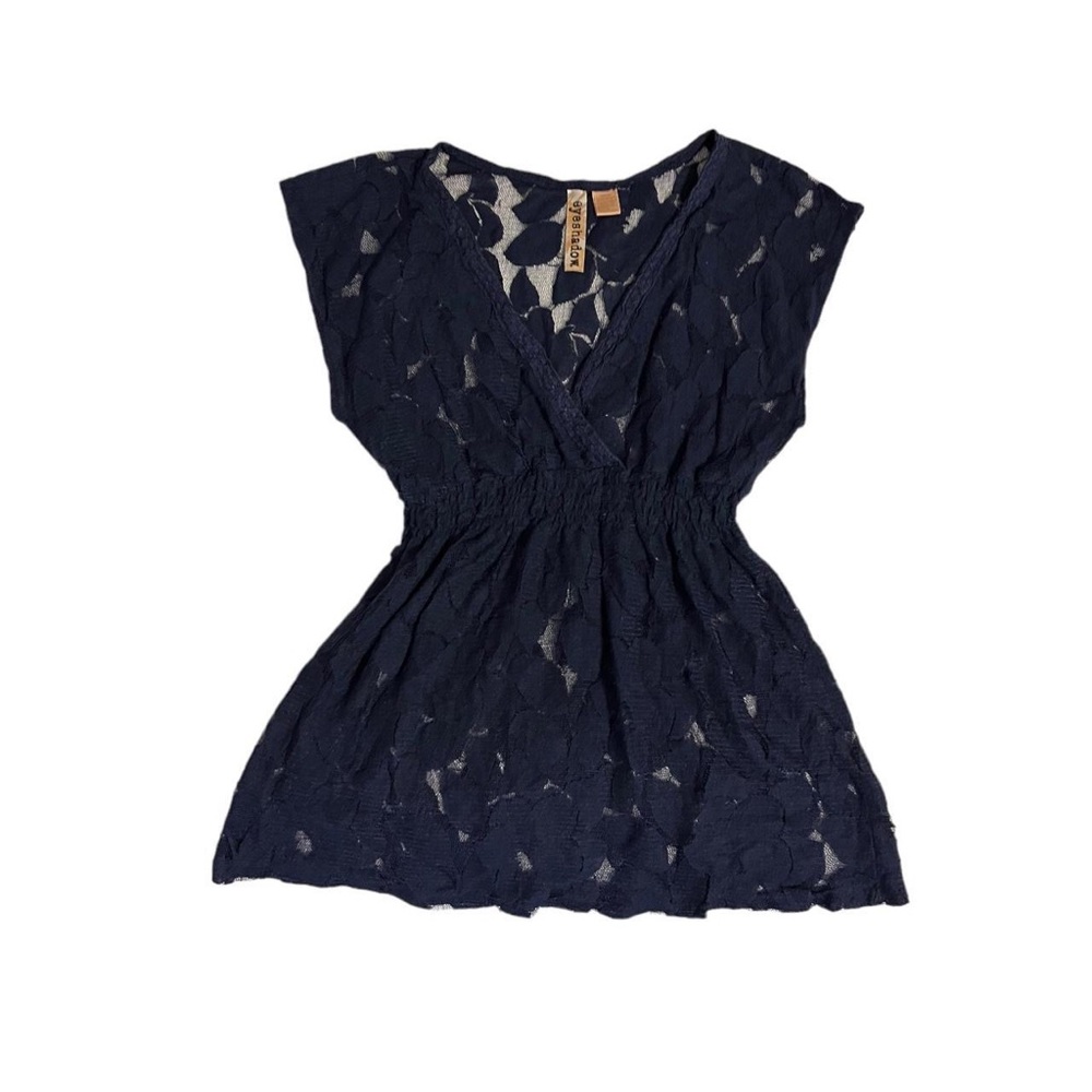 Y2K Floral Babydoll Lace Top V Neck Blue Sheer Blouse Eyeshadow Size M